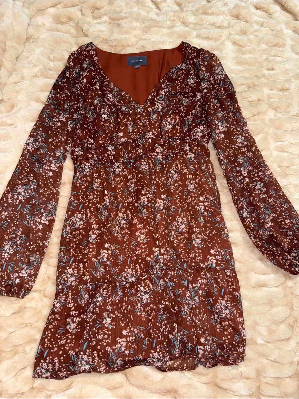 Rust Floral Long Sleeve V-Neck Tiered Mini Dress